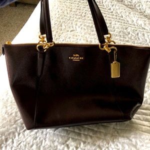 Coach Shiny Chocolate Brown Zipper Bag with Gold Hardware